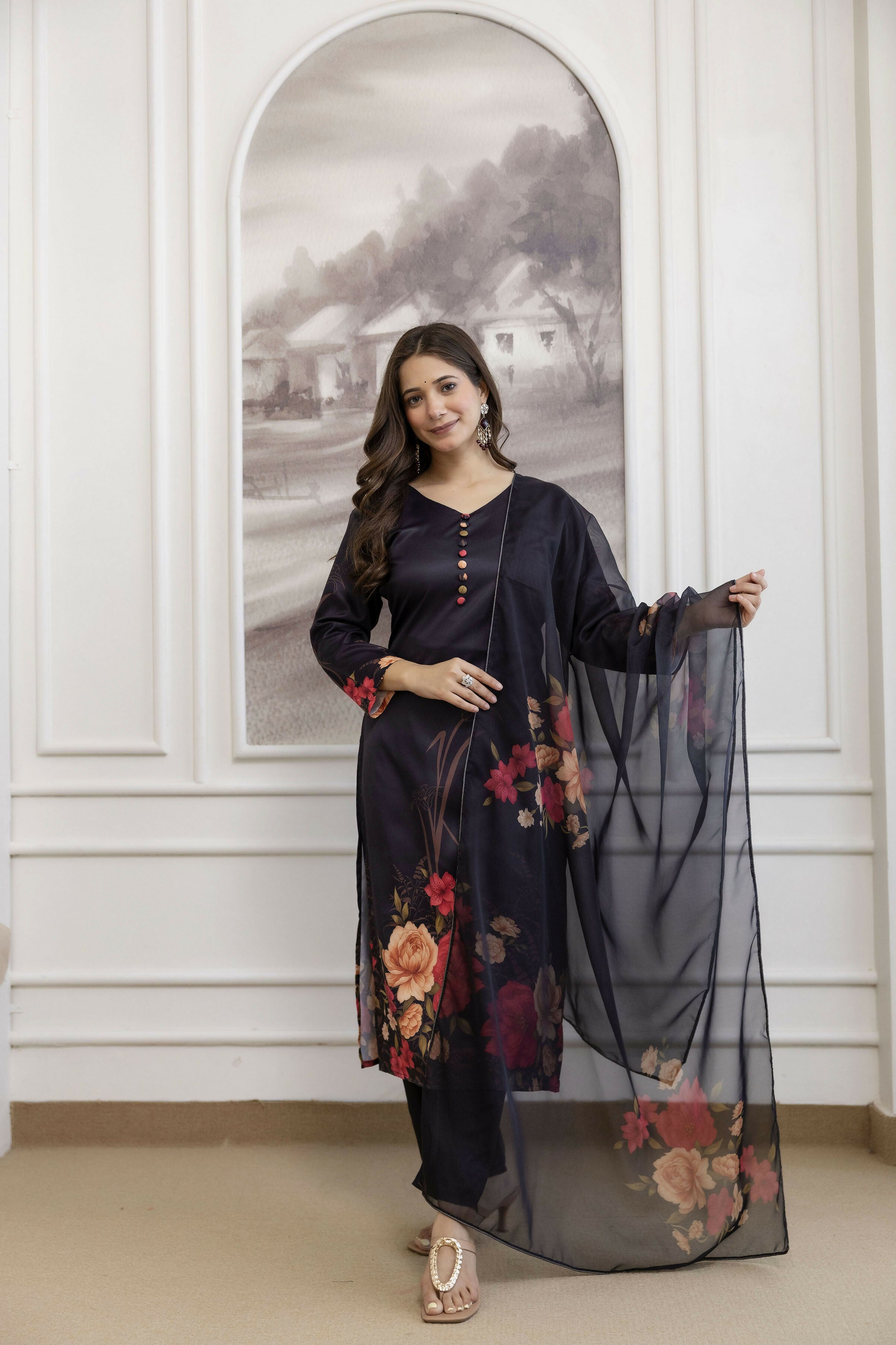 The52 Women's Beautiful Soft Assam Fabric Printed Work A-line Kurta Pant and Dupatta Set - Distacart