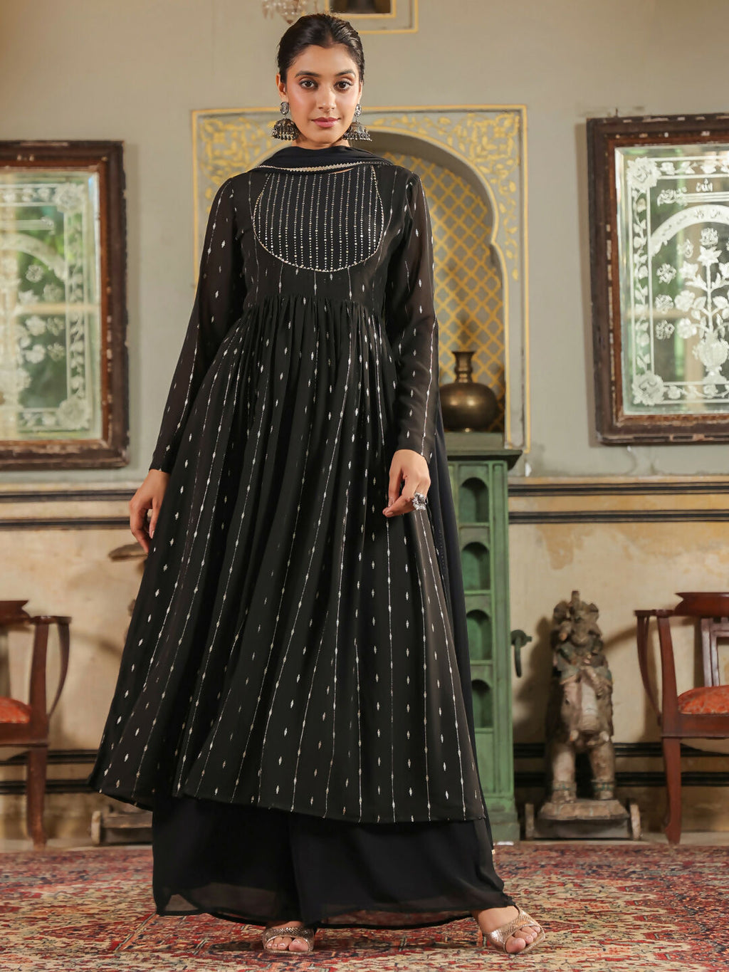 Janasya Black Georgette Foil Print Kurta,Bottom & Dupatta