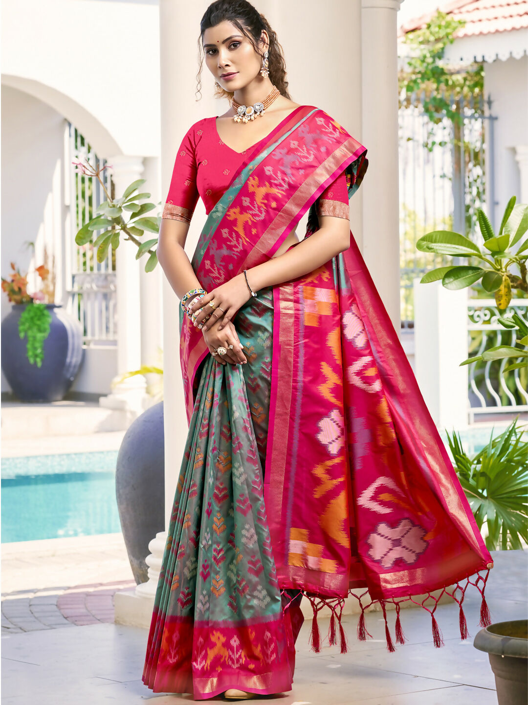 Shree Shyam Fashion Pochampalli Silk Grey Saree - Distacart