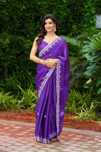 Vastranavya Purple-Blue Embroidery Work Shimmer Chiffon Saree with Unstitched Blouse - Distacart