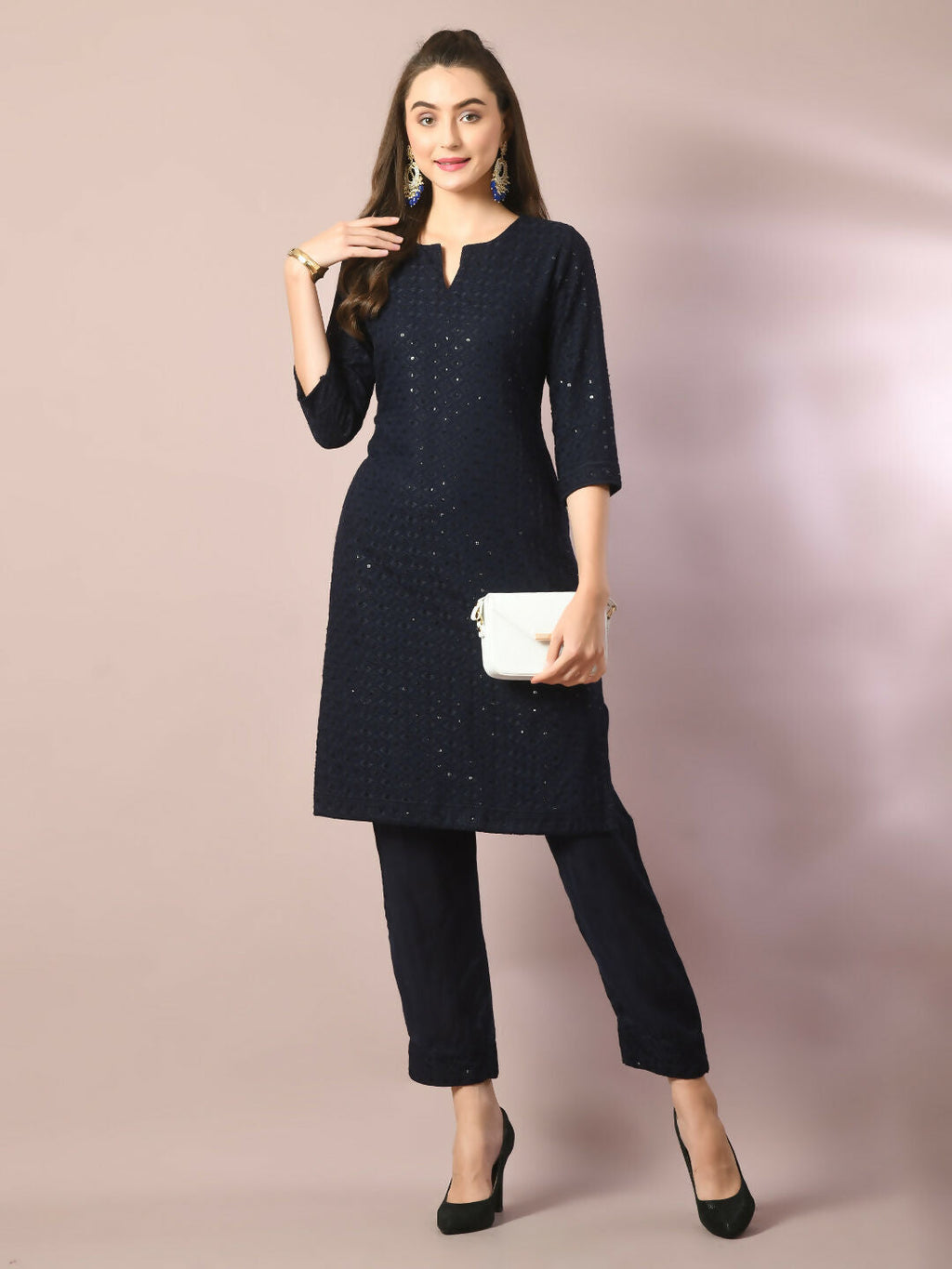 Myshka Women's Navy Blue Embroidered Cotton Straight Party Kurta Set