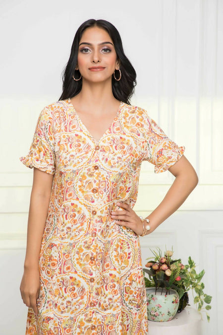 Myshka Women Multi-Abstract Rayon A-Line V-Neck Dress
