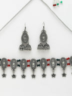 NVR Women's Silver-Plated Choke Oxidized Necklace with Jhumka Earrings