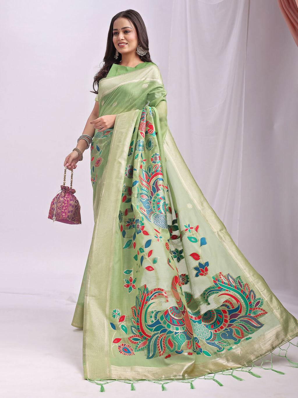 Shree Shyam Fashion Linen Cotton Light Green Saree - Distacart