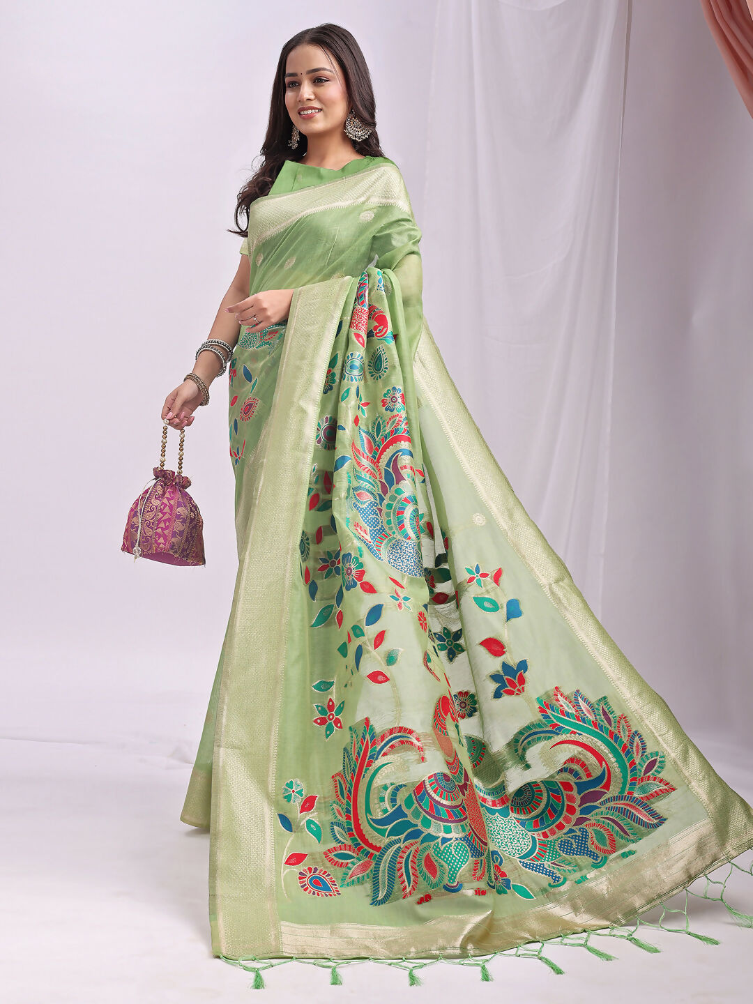 Shree Shyam Fashion Linen Cotton Light Green Saree - Distacart