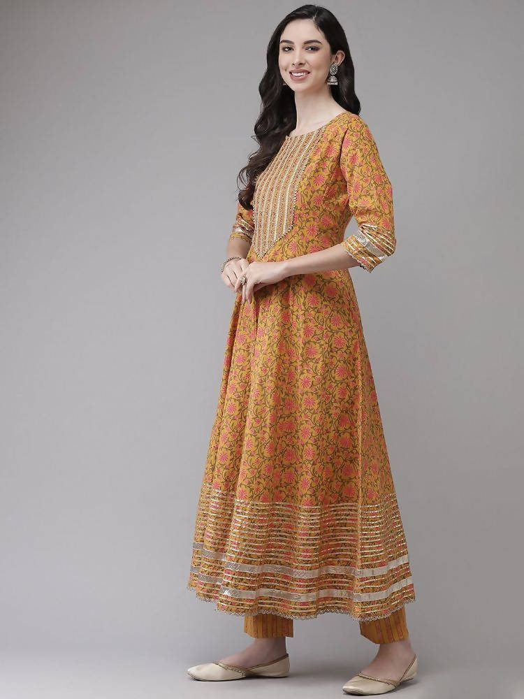 Yufta Yellow Printed kurta with Trouser Dupatta Set