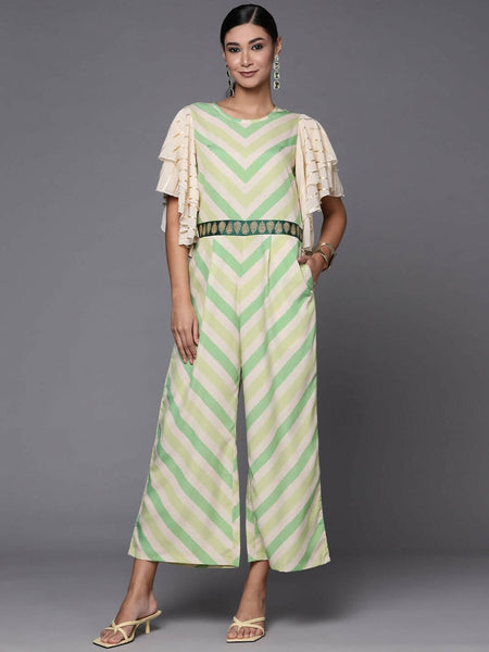 Ahalyaa Off White & Green Zig Zag Print Basic Jumpsuit