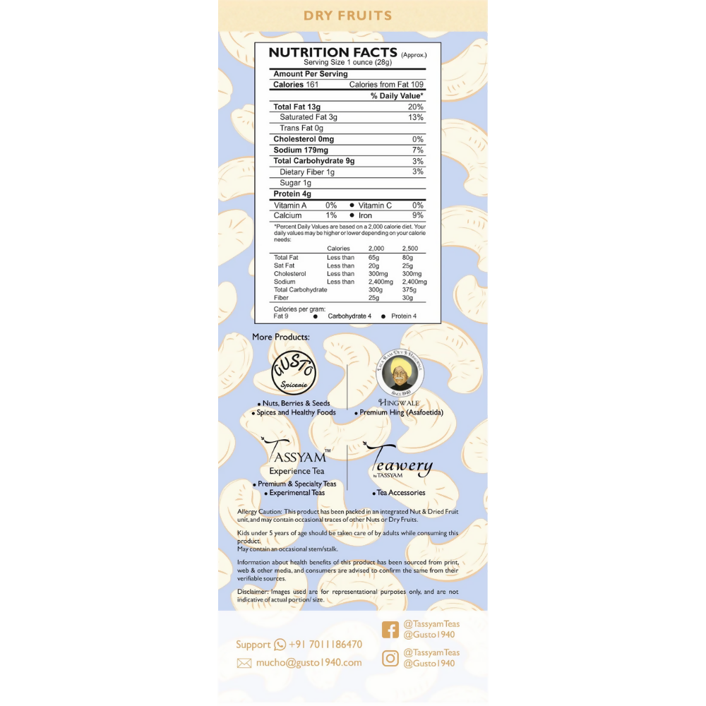 Tassyam Organics Premium Cashews w240 Grade - Box - Distacart