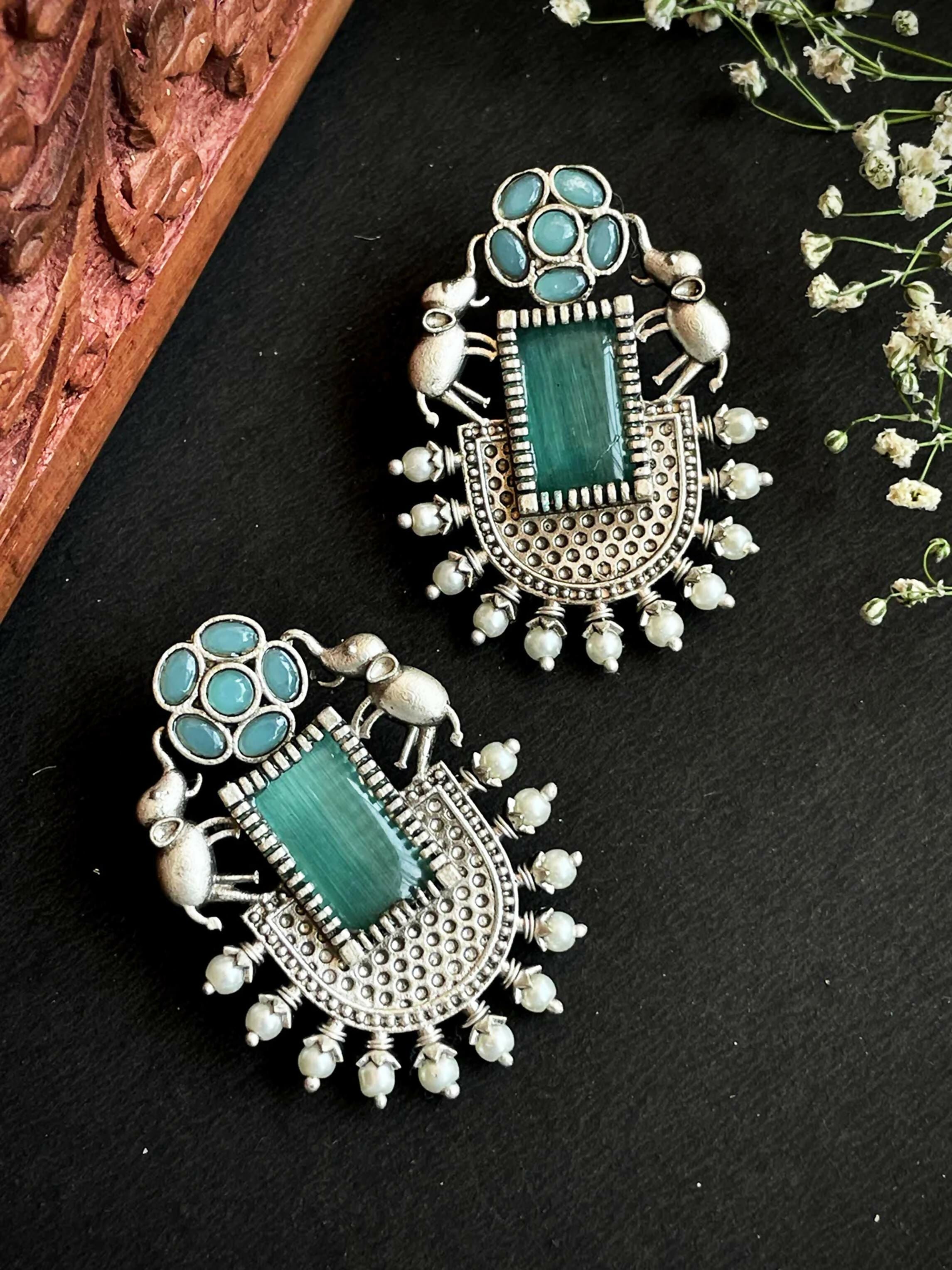 Joban Fashion Women C Green Silver Replica Big Monalisa Stone Stud Earring - Distacart