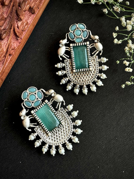 Joban Fashion Women C Green Silver Replica Big Monalisa Stone Stud Earring