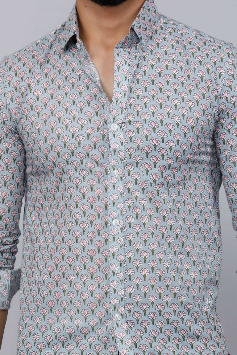 Miravan Men's Blue Pure Cotton Handblock Floral Print Shirt