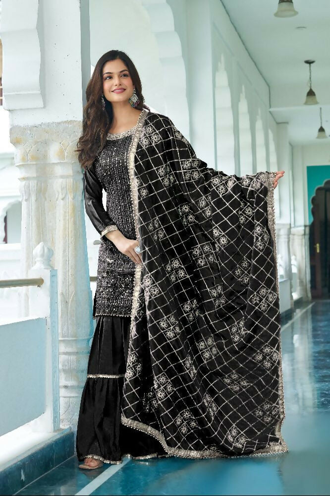 Teeya Creation Black Colour Chinnon Silk Heavy Embroidery Work Fully Stitched Salwar Suit - Distacart