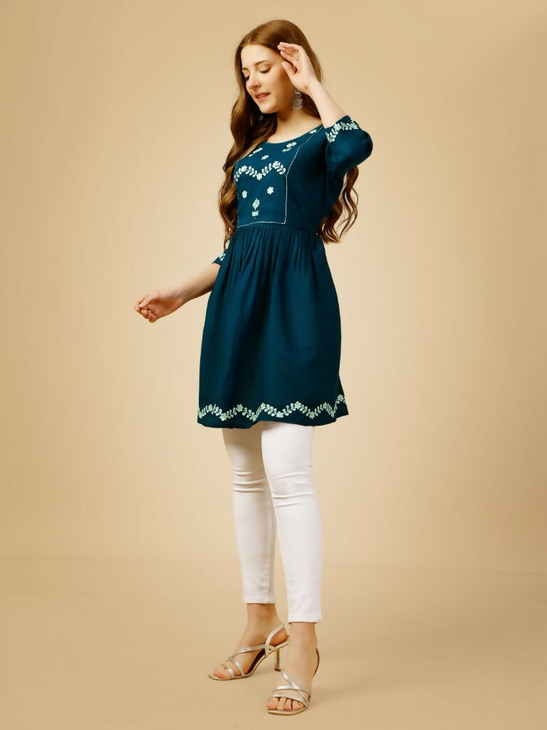 Jyoti Fashion Women's Blue Viscose Rayon Embroidered Casual Top