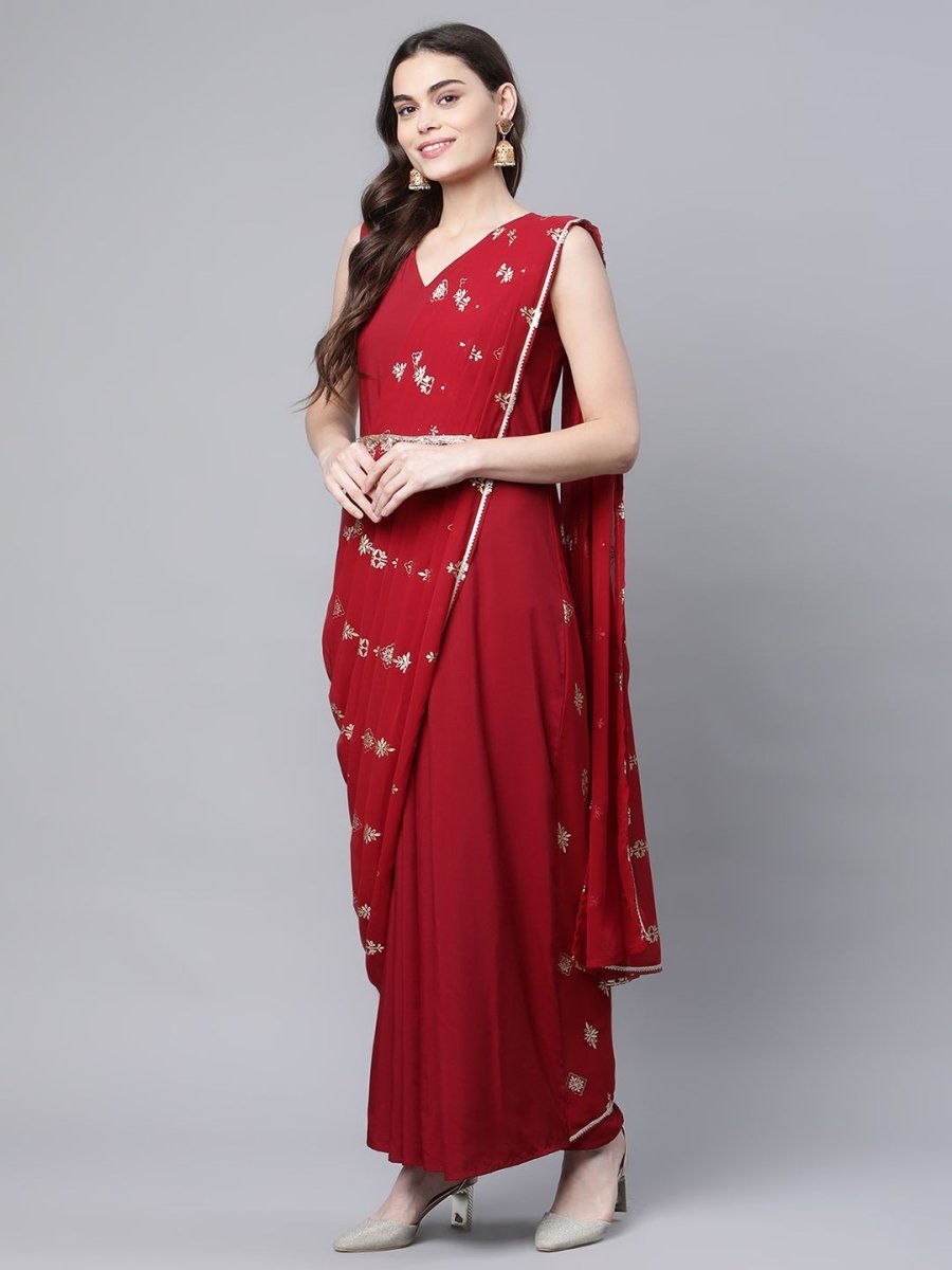 Ahalyaa Women Maroon Crepe Georgette Printed Saree Dress With Printed Pallu - Distacart