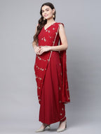 Ahalyaa Women Maroon Crepe Georgette Printed Saree Dress With Printed Pallu - Distacart