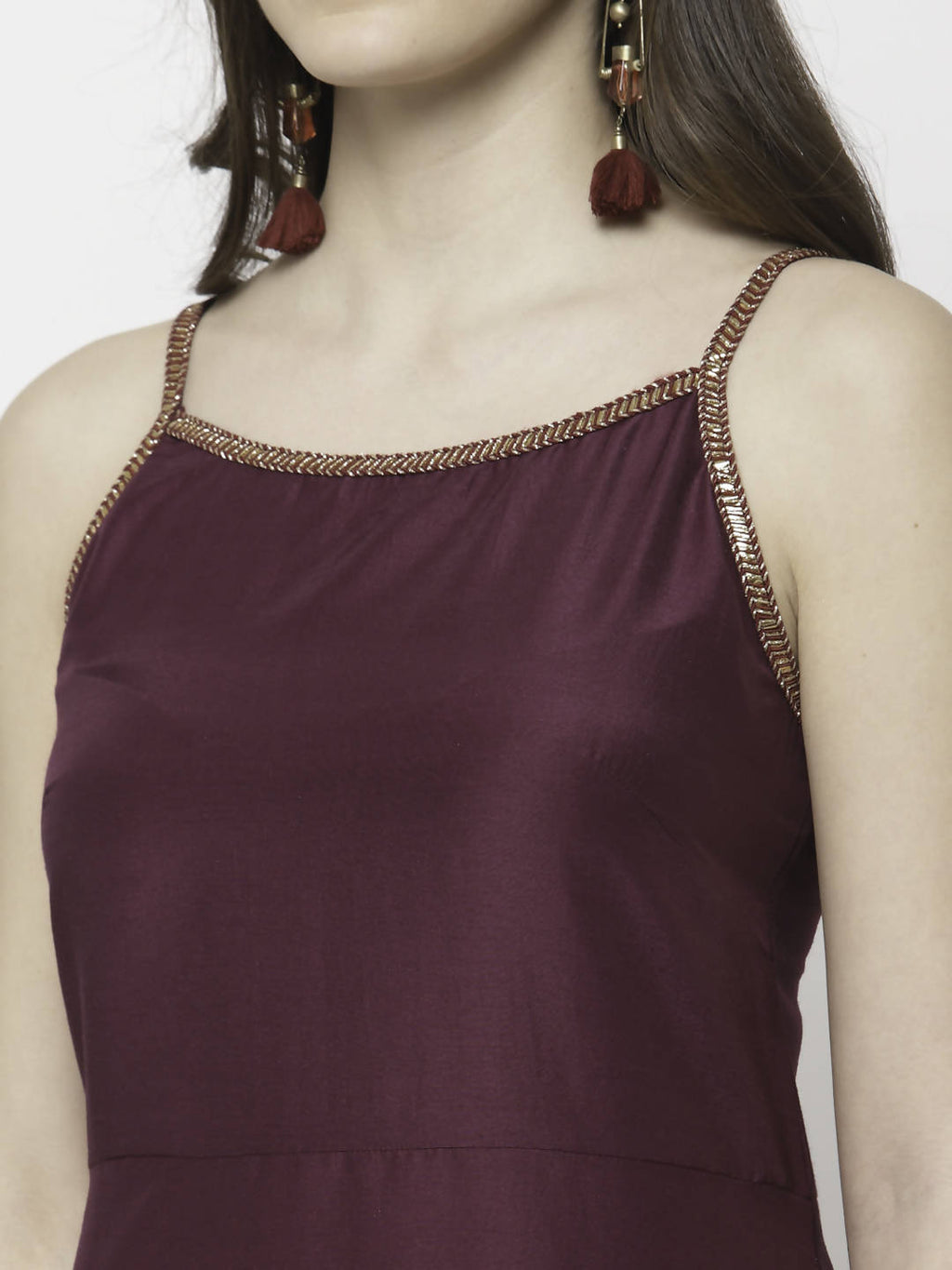 Myshka Marron Silk Blend Solid Sleeveless Round Neck Kurta Palazzo Dupatta Set