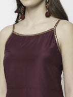 Myshka Marron Silk Blend Solid Sleeveless Round Neck Kurta Palazzo Dupatta Set