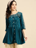 Women's Teal Viscose blend Embroidered Short Top - Marina