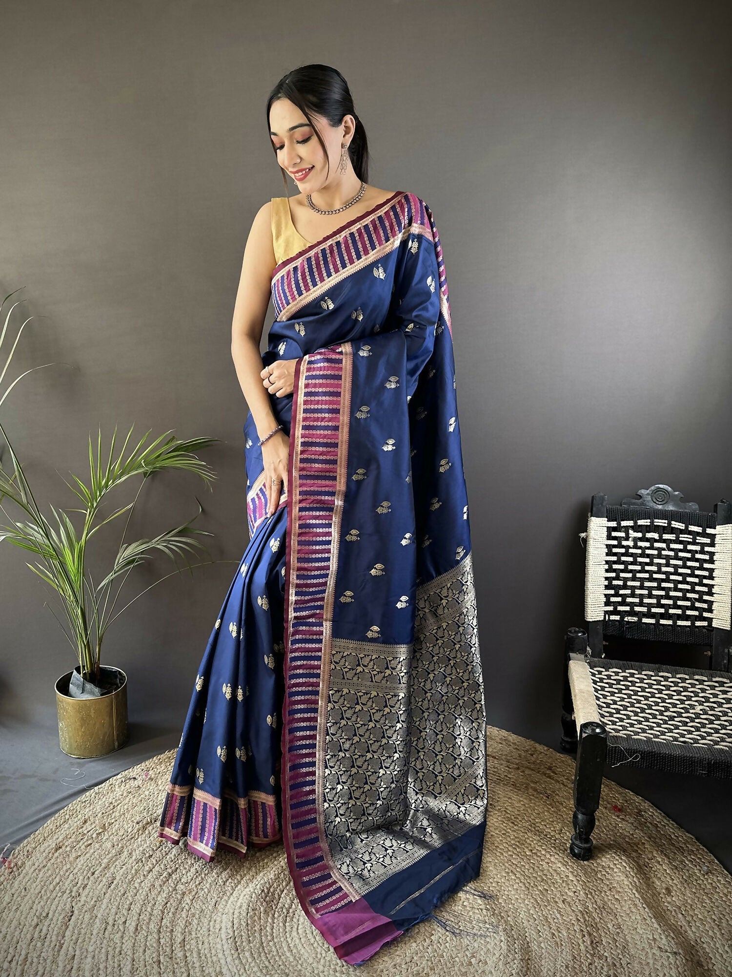 Joban Fashion Royal Blue Woven Zari Motifs Lichi Silk Banarasi Silk Saree - Distacart