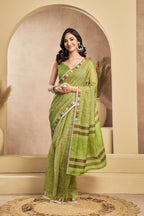 Vastranavya Mehendi Digital Printed Linen Ready To Wear Designer Saree with Unstitched Blouse - Distacart