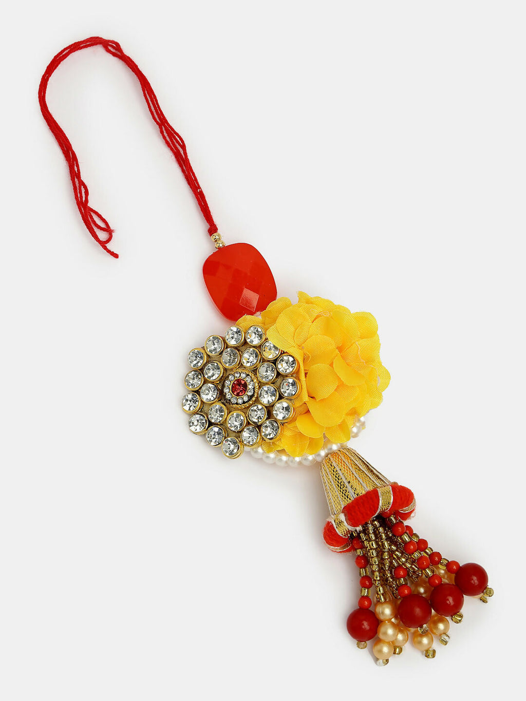 NVR Women & Men Set of 2 Red & Gold-Toned Stone-Studded & Beaded Bhaiya Bhabhi Rakhi With Roli Chawal - Distacart