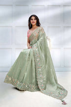 Green Banarasi Crush silk Sequence Embroidered with Stone work Saree - Mohmanthan Majestica
