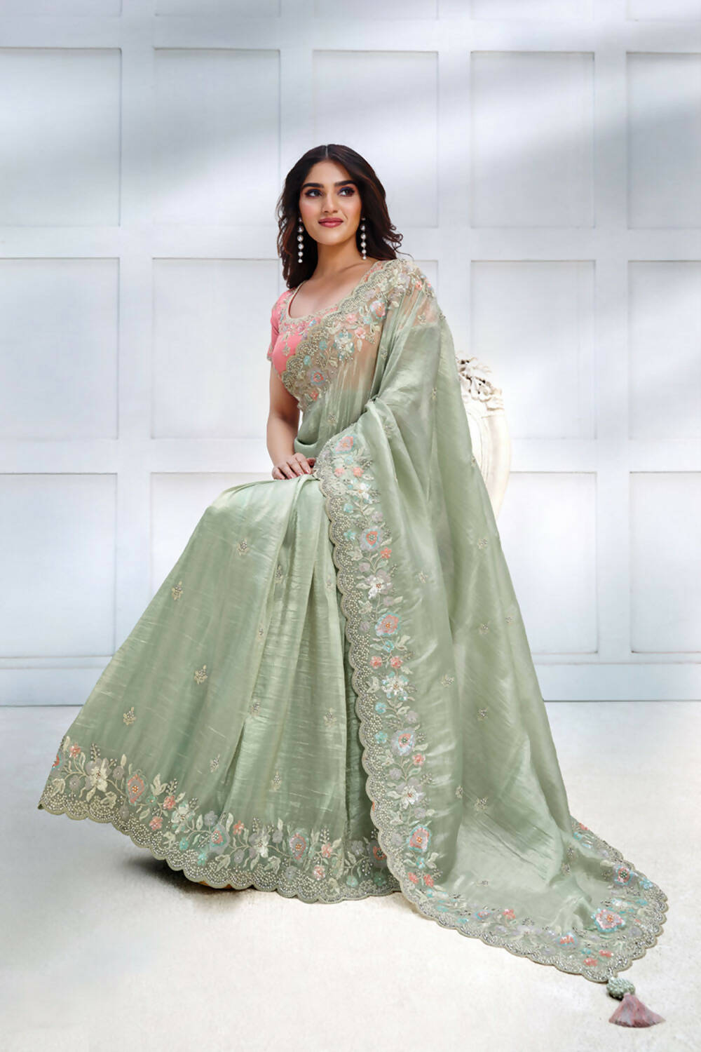 Green Banarasi Crush silk Sequence Embroidered with Stone work Saree - Mohmanthan Majestica