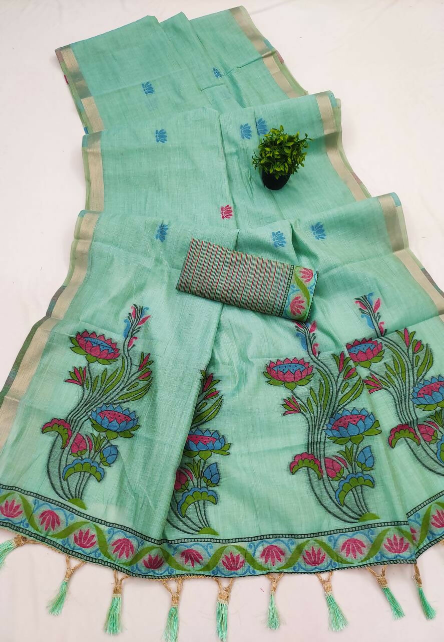 Vastranavya Sky Blue Muga Cotton Meenakari & Azarakh Pallu Saree with Contrast Blouse - Distacart