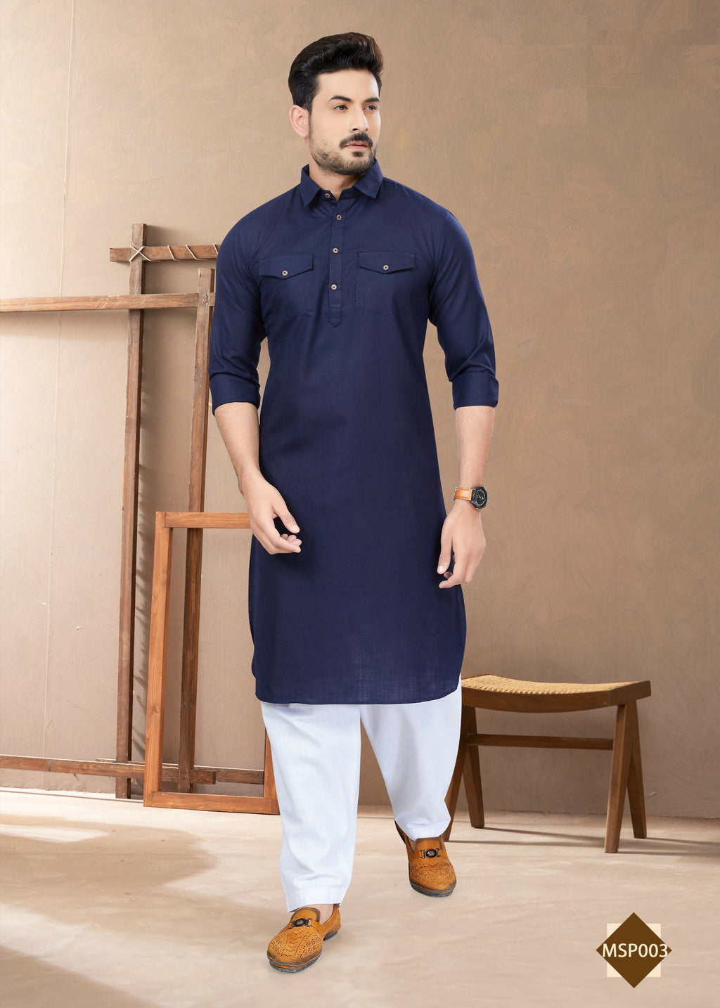 Joban Fashion Men's Blue Heavy Cotton Plain Kurta Pyjama set