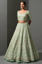Jyoti Fashion Women's Sea Green Mulberry Silk Sequins, Dori & Thread Embroidered with Net Ruffle Work Designer Lehenga Choli Set