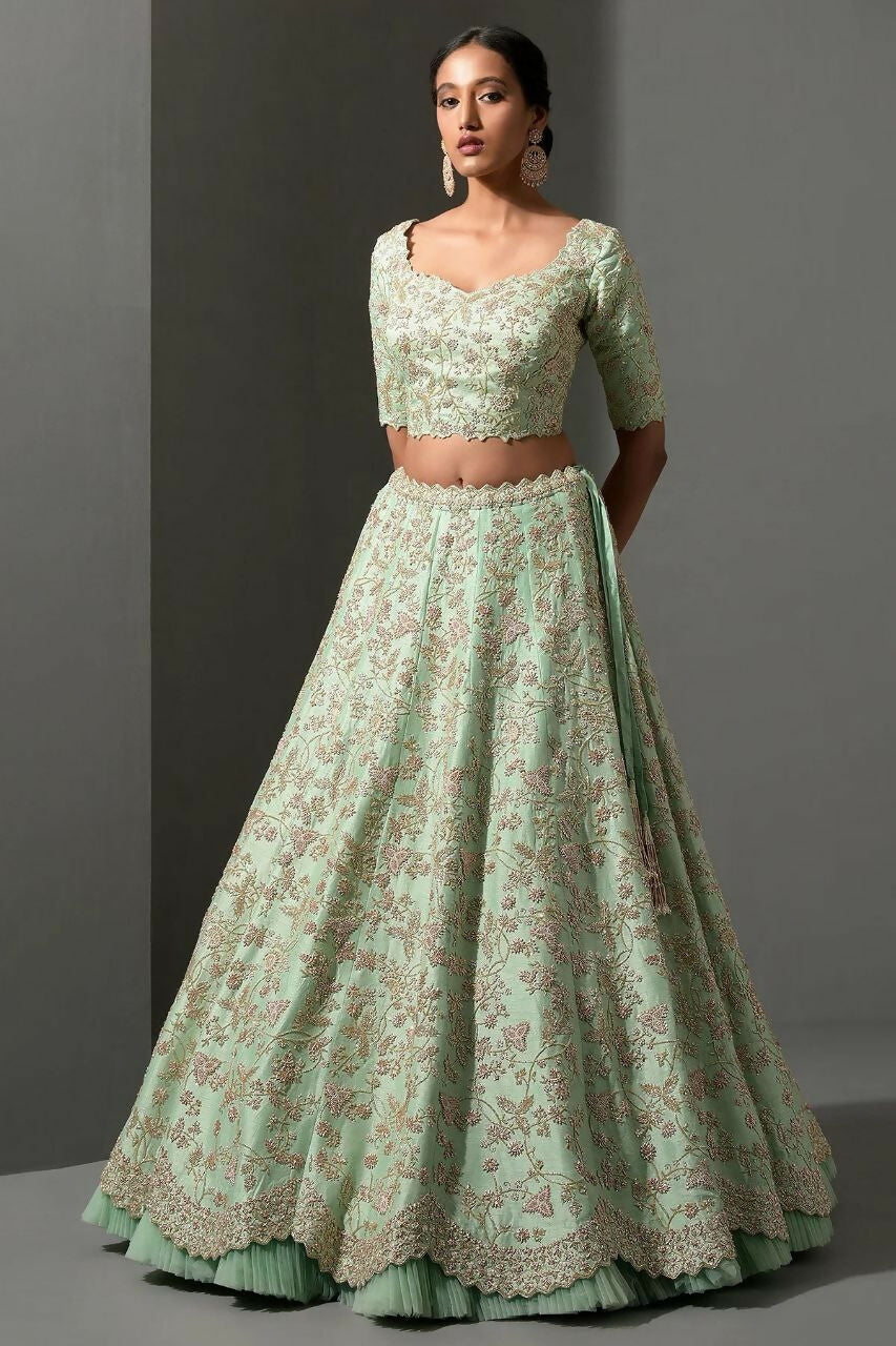 Jyoti Fashion Women's Sea Green Mulberry Silk Sequins, Dori & Thread Embroidered with Net Ruffle Work Designer Lehenga Choli Set