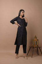 Kaajh Women's Black Solid Sequins Embellished Kurta Pant Set - Distacart