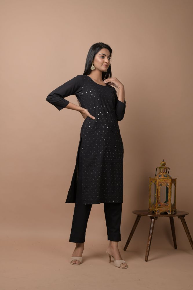 Kaajh Women's Black Solid Sequins Embellished Kurta Pant Set - Distacart
