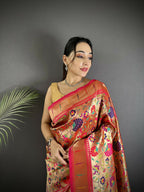 Joban Fashion Golden-Orange Intricate Floral & Leaf Soft Silk Paithani Saree - Distacart
