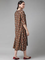 Yufta Teal Green & Coffee Brown Striped Yoke Embroidered Midi A-Line Dress & Ethnic Jacket