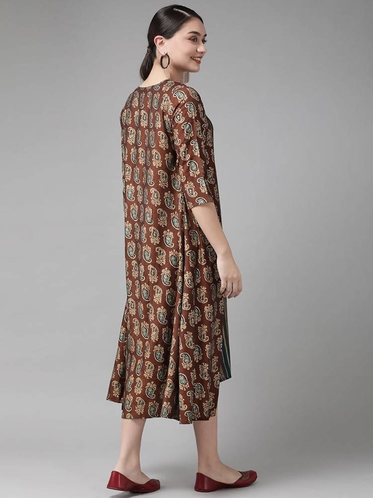 Yufta Teal Green & Coffee Brown Striped Yoke Embroidered Midi A-Line Dress & Ethnic Jacket