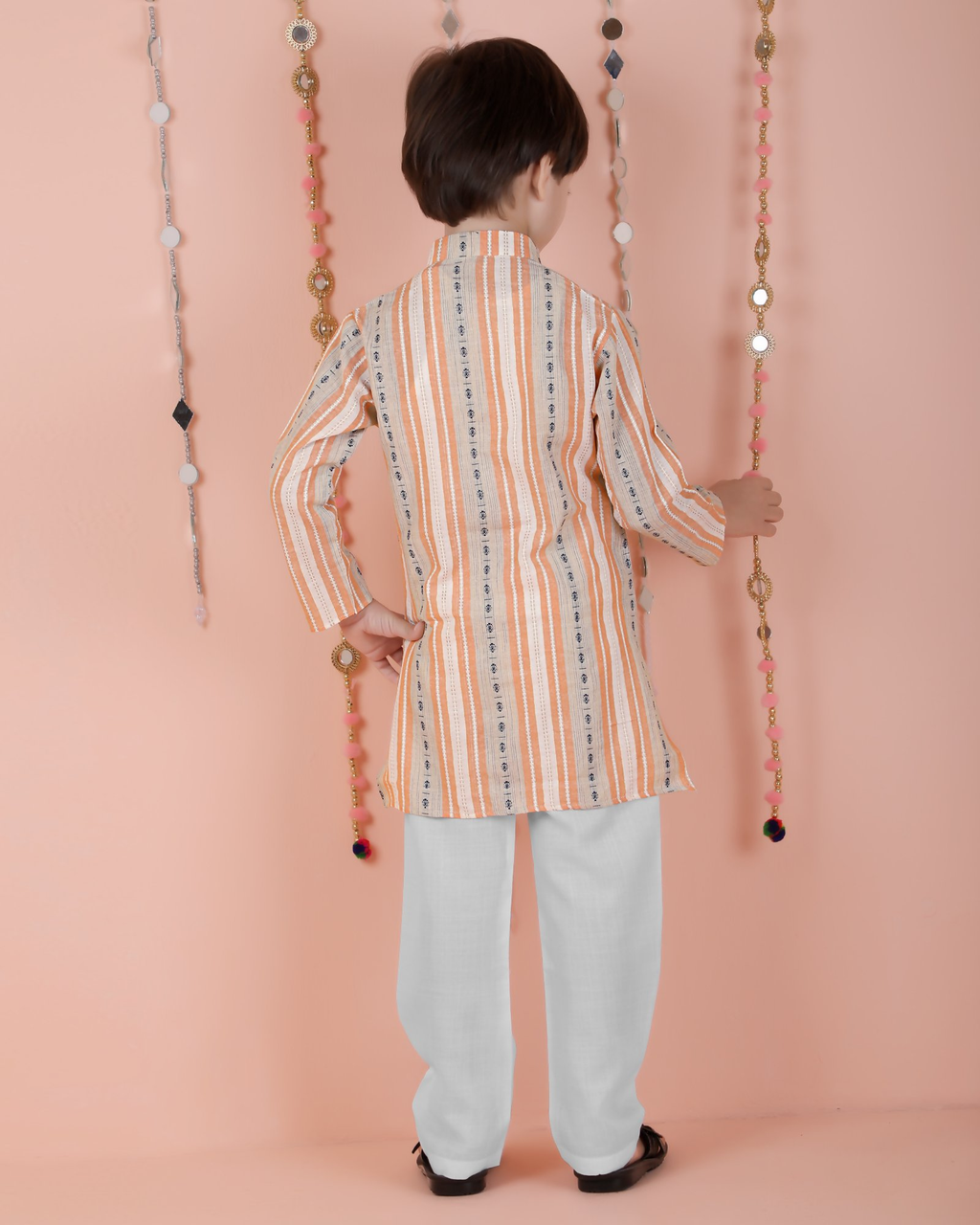 Joban Fashion Kids Island Cotton Full Sleeves Striped Kurta and Pyjama- Orange - Distacart