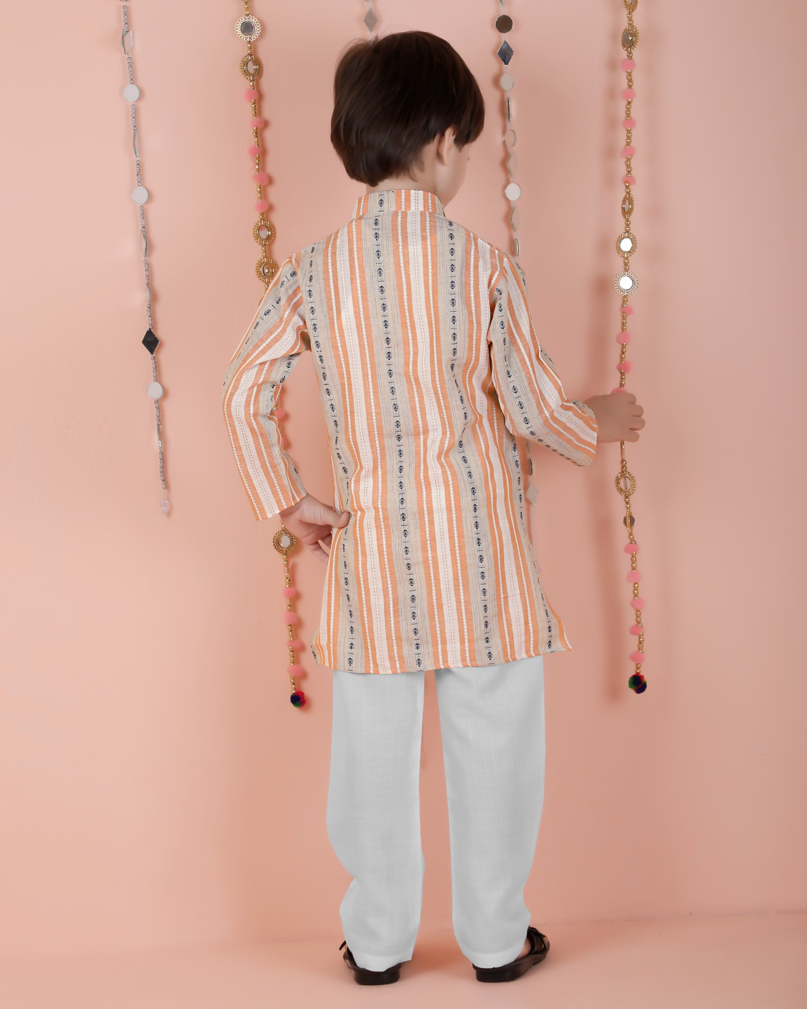 Joban Fashion Kids Island Cotton Full Sleeves Striped Kurta and Pyjama- Orange - Distacart