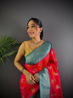 Joban Fashion Banarasi Hot Pink Woven Butti Soft Silk Saree - Distacart