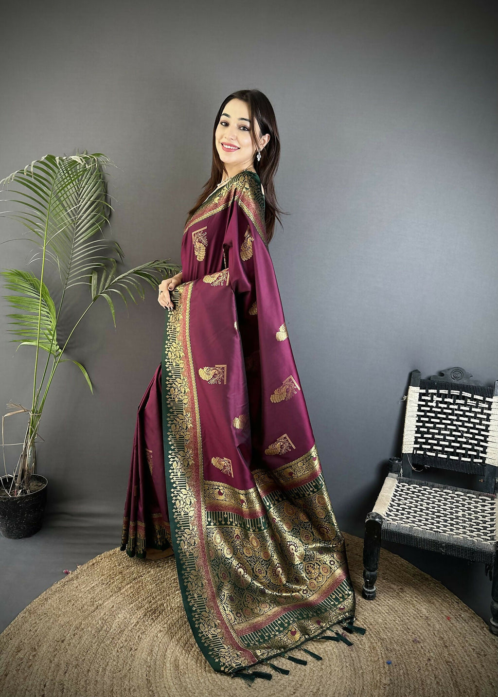 Joban Fashion Maroon Banarasi Soft Silk Peacock Butta Work Saree - Distacart