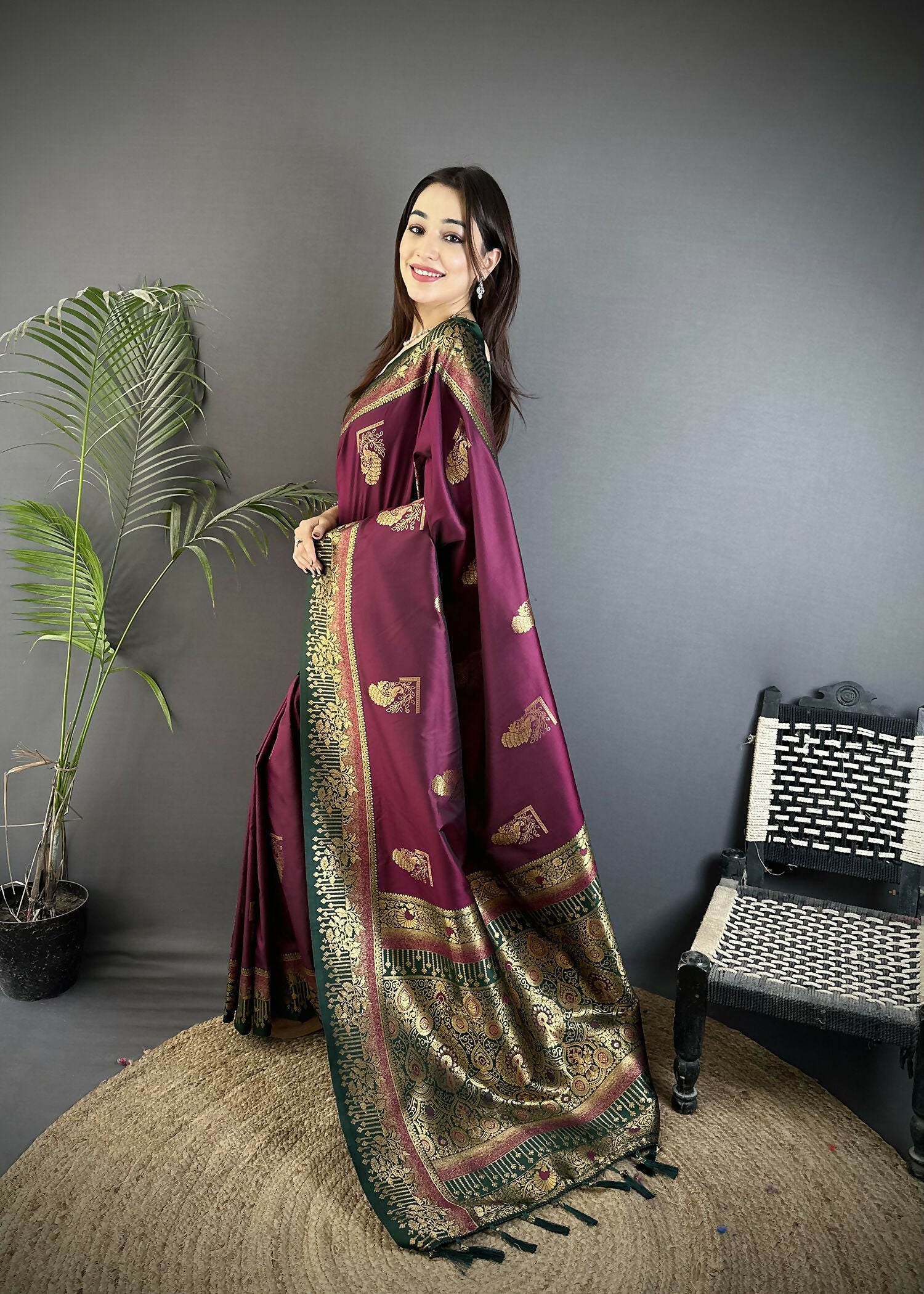 Joban Fashion Maroon Banarasi Soft Silk Peacock Butta Work Saree - Distacart