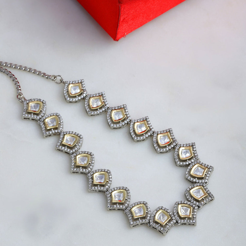 Silver Kundan and American Diamond Neckpiece (Silver) - Ruby Raang