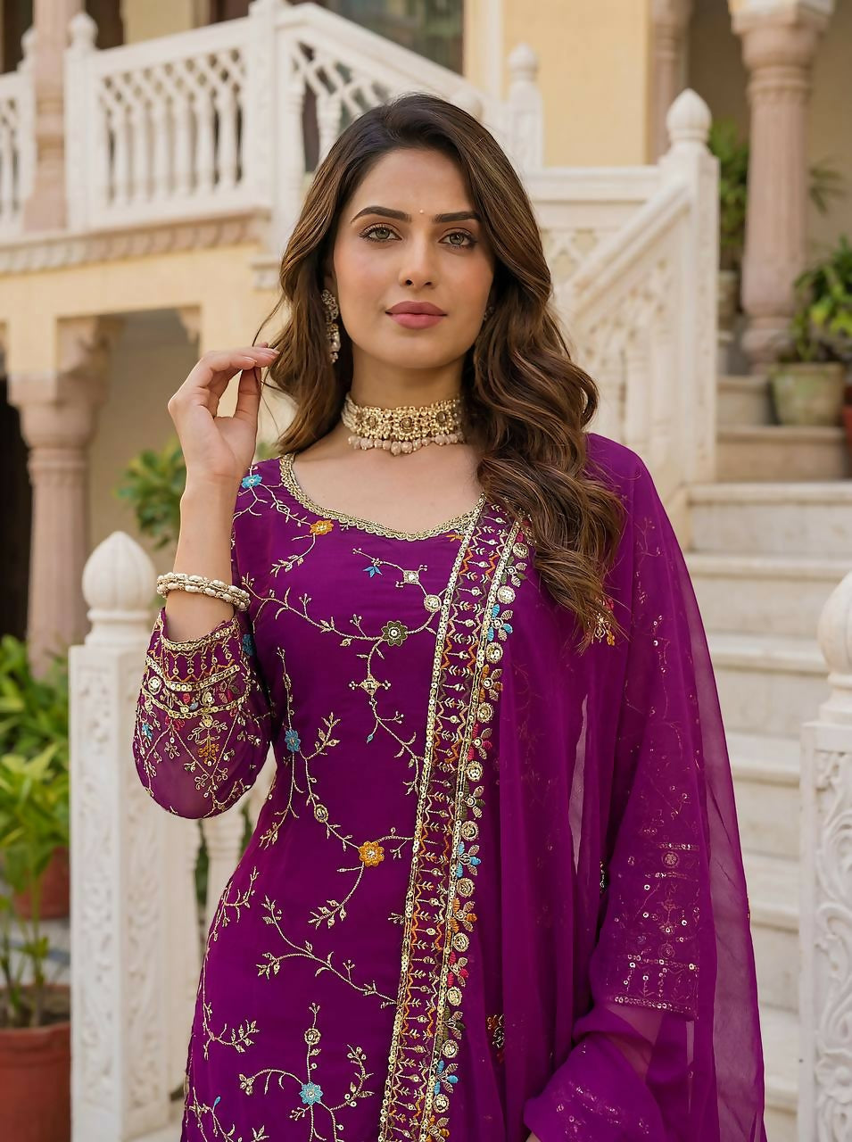 Teeya Creation Wine Faux Georgette Multi Thread Work Wedding Wear Sharara Set