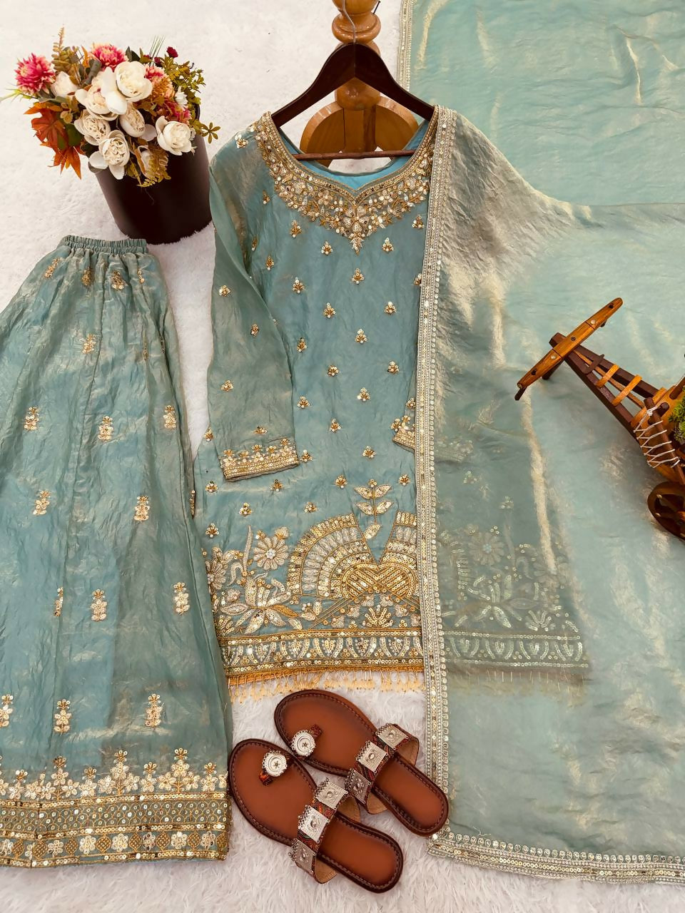 Teeya Creation Teal Fendy Silk Heavy Embroidery Work Party Wear Palazzo Suit - Distacart