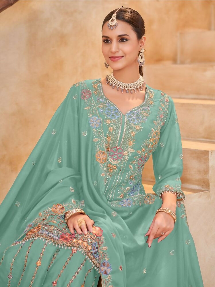 Anaita Sky Blue Vichitra Silk Readymade Palazzo Suit with Embroidery & Lace Work - Distacart