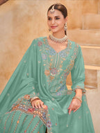 Anaita Sky Blue Vichitra Silk Readymade Palazzo Suit with Embroidery & Lace Work - Distacart