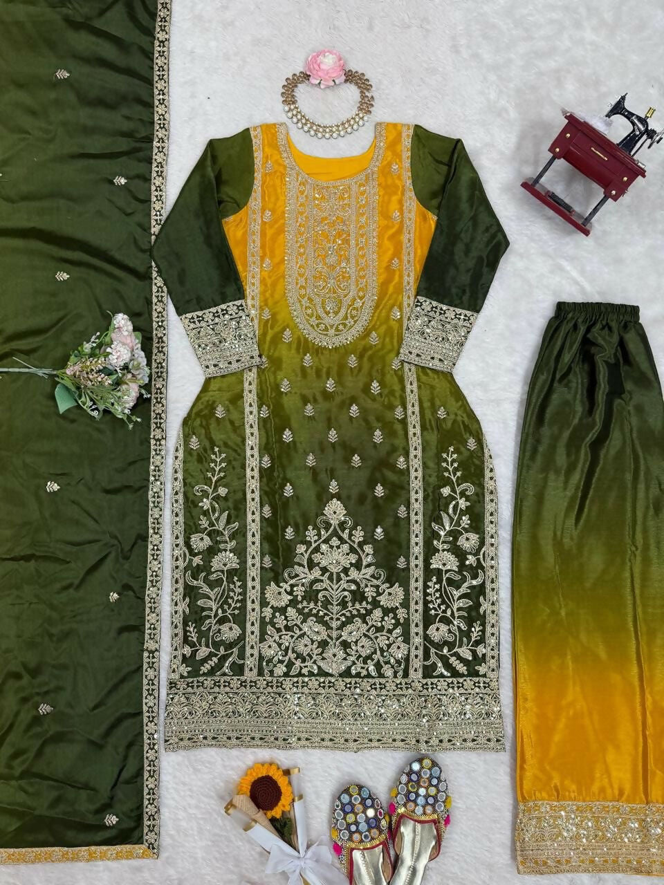 The52 Women's Gorgeous Chinon silk Fabric Embroidery Work Straight Kurta Palazzo and Dupatta Set - Distacart