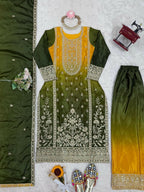 The52 Women's Gorgeous Chinon silk Fabric Embroidery Work Straight Kurta Palazzo and Dupatta Set - Distacart