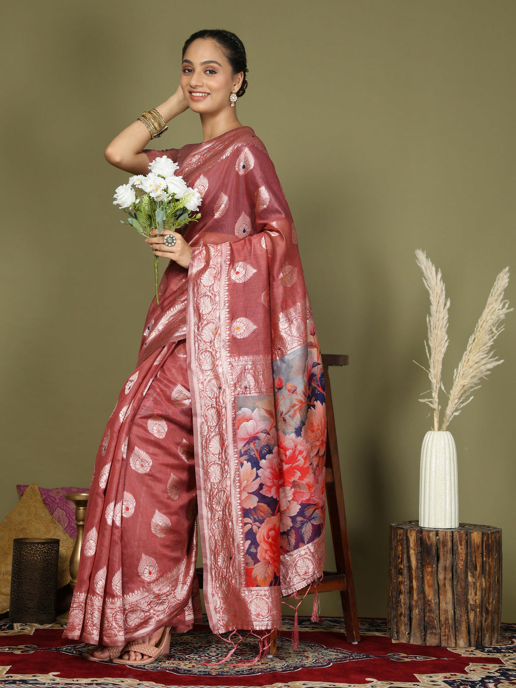 Shree Shyam Fashion Linen Cotton Rust Saree - Distacart