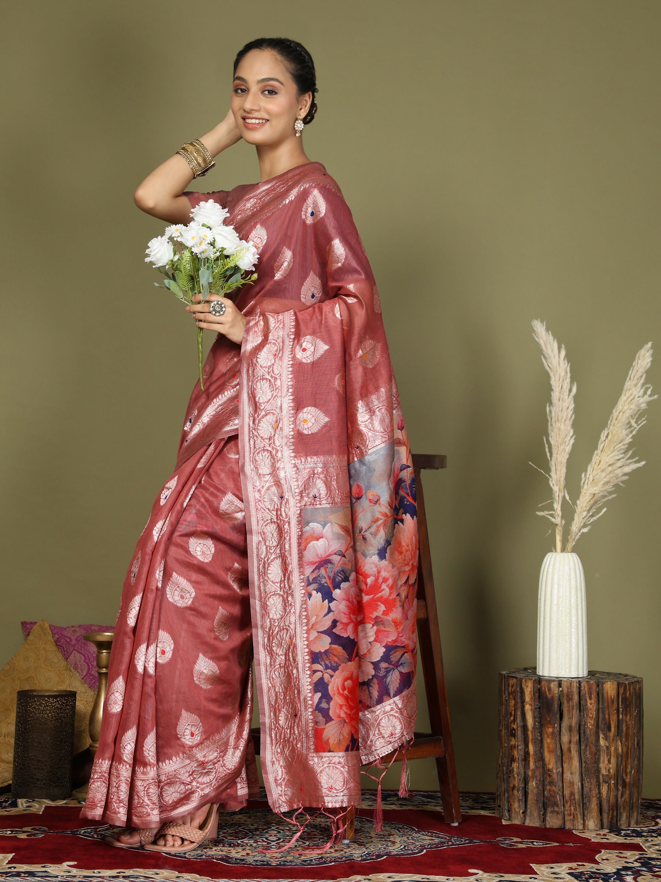 Shree Shyam Fashion Linen Cotton Rust Saree - Distacart